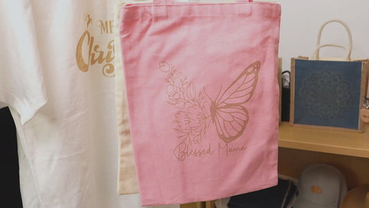 Laser engraved and printed pink fabric bag