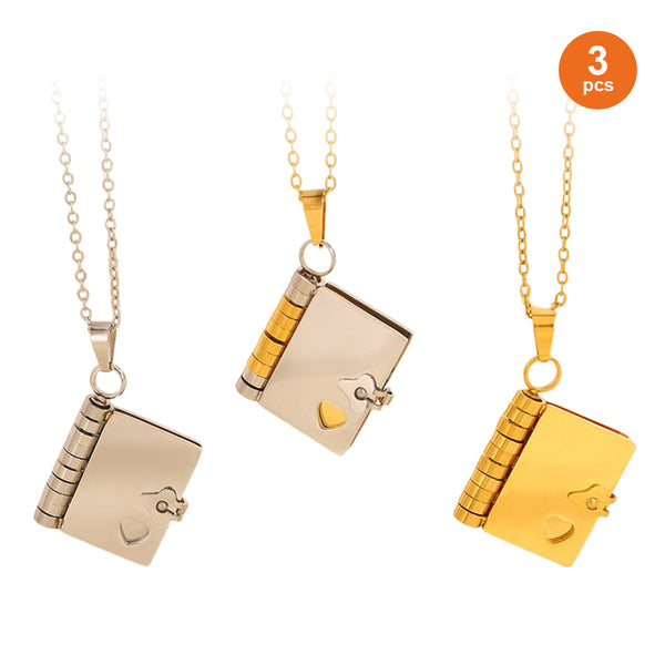 Mixed Color Stainless Steel Book Locket Necklace (3PCS)