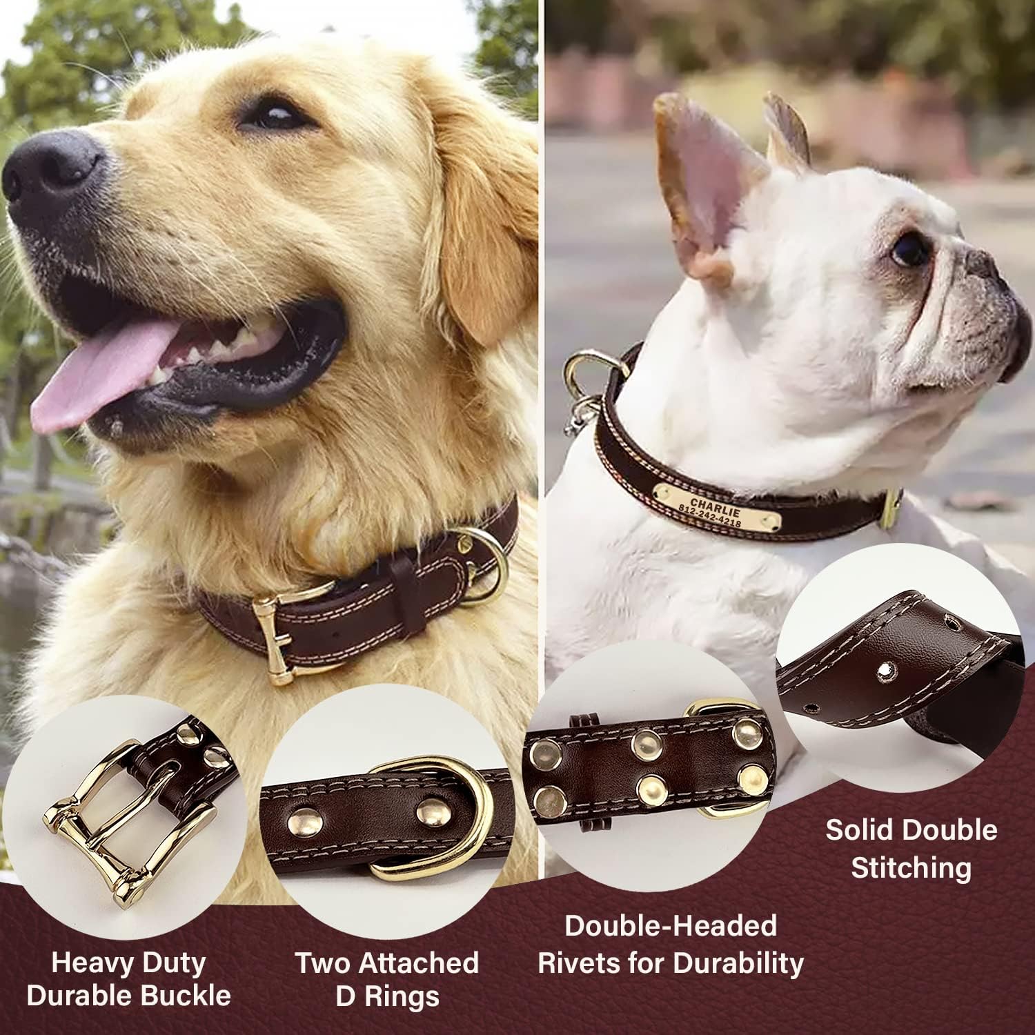 Laser Engraving Leather Dog Collar (Brown, M)