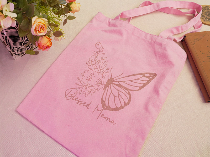 Bolsa de tela rosa grabada y estampada con láser