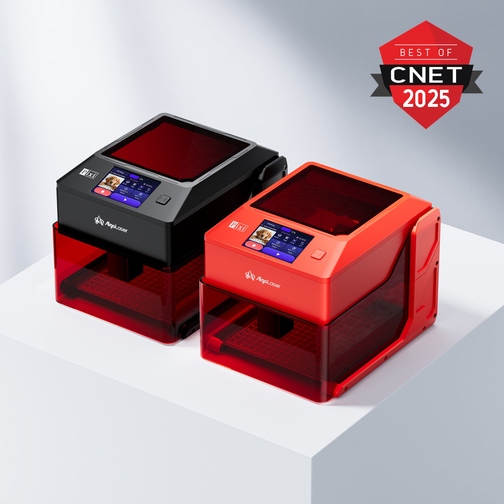 AlgoLaser Pixi smart portable diode laser engraver with touch screen display, available in black and red colors, featuring the Best of CNET 2025 award badge.