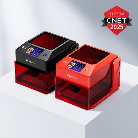 AlgoLaser Pixi smart portable diode laser engraver with touch screen display, available in black and red colors, featuring the Best of CNET 2025 award badge.